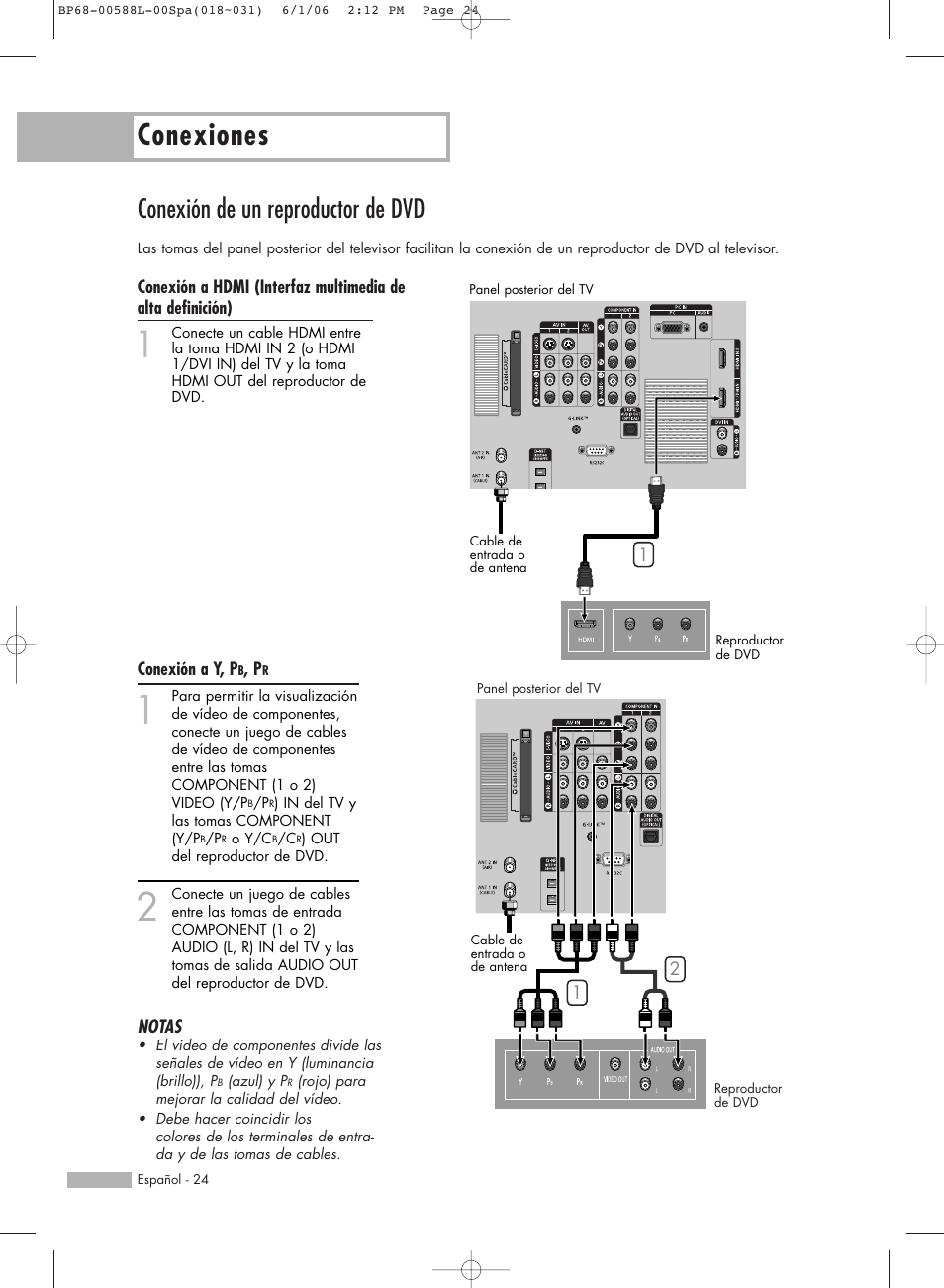 Conexiones, Conexión de un reproductor de dvd | Samsung HL-S5088W User Manual | Page 24 / 164