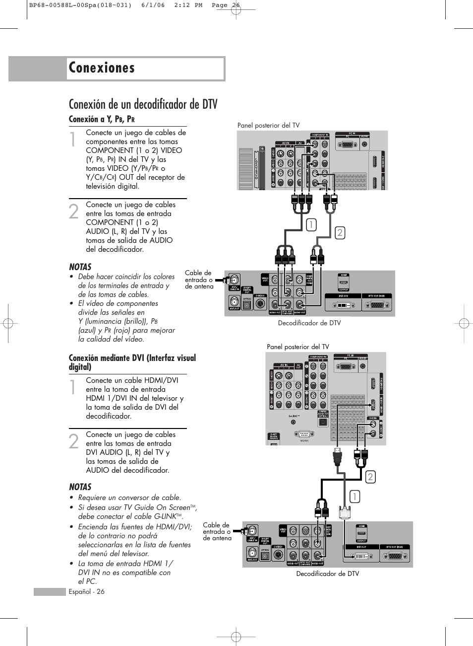 Conexiones, Conexión de un decodificador de dtv | Samsung HL-S5088W User Manual | Page 26 / 164