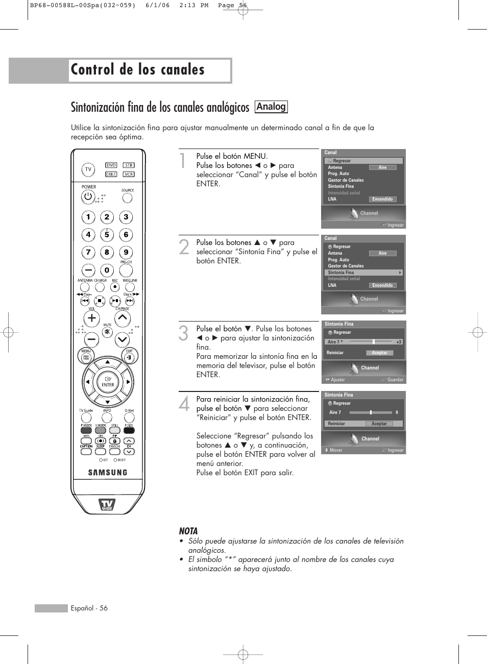 Control de los canales, Sintonización fina de los canales analógicos, Analog | Nota | Samsung HL-S5088W User Manual | Page 56 / 164