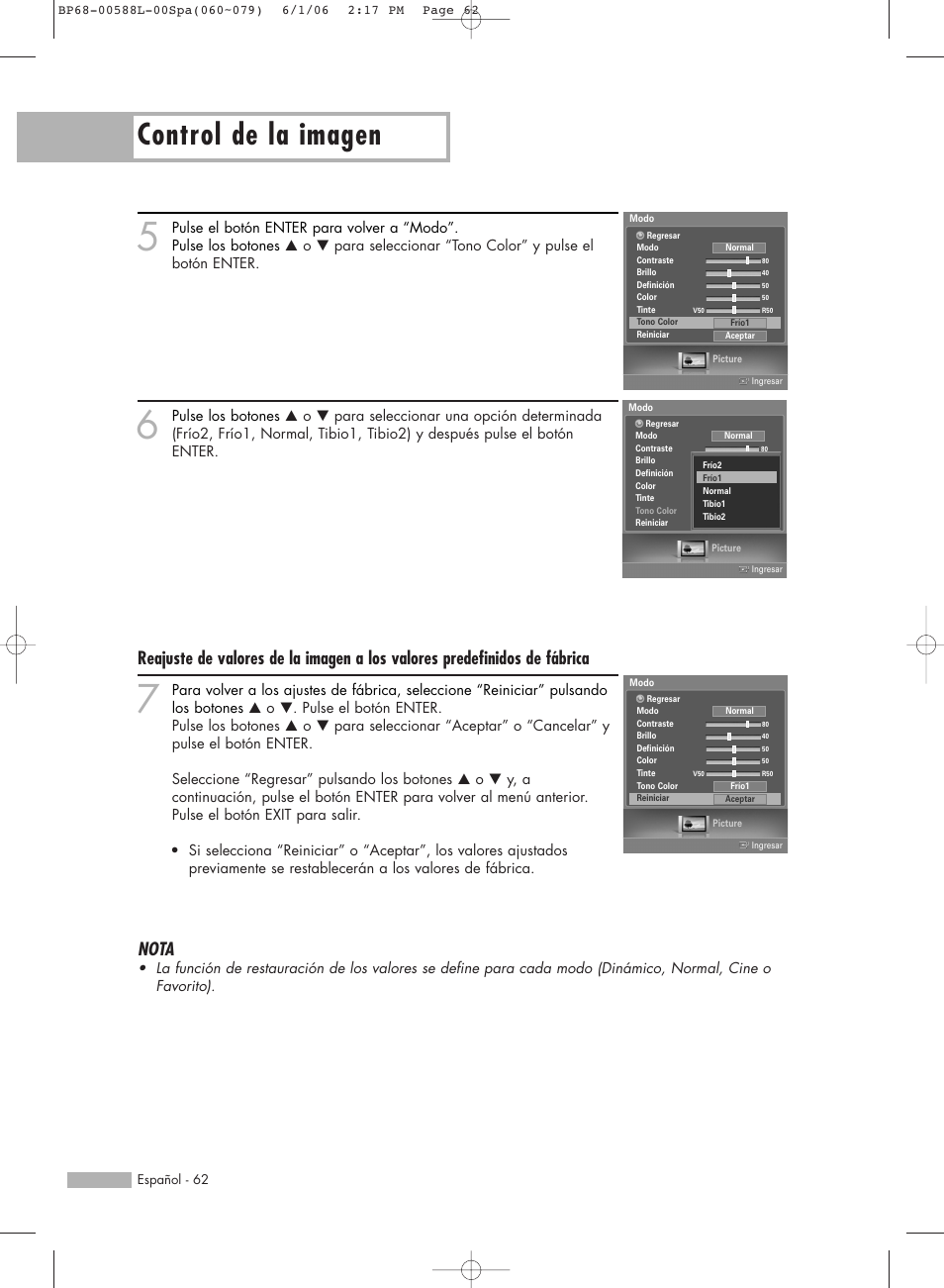 Control de la imagen, Nota | Samsung HL-S5088W User Manual | Page 62 / 164