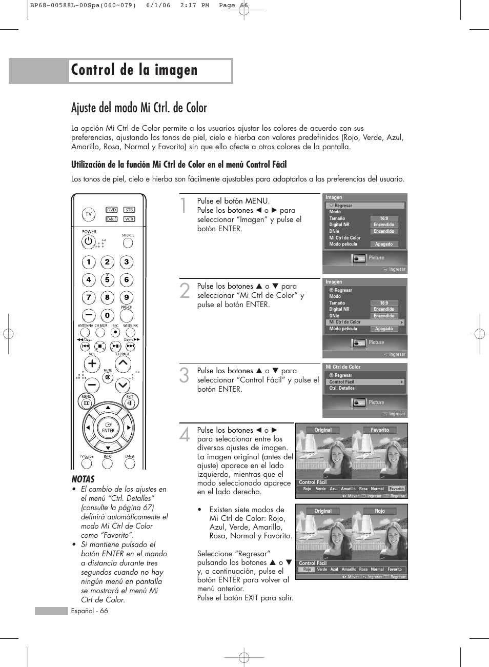 Control de la imagen, Ajuste del modo mi ctrl. de color, Notas | Samsung HL-S5088W User Manual | Page 66 / 164