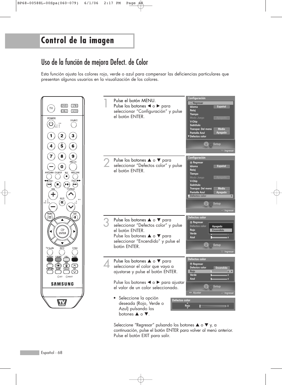 Control de la imagen, Uso de la función de mejora defect. de color | Samsung HL-S5088W User Manual | Page 68 / 164