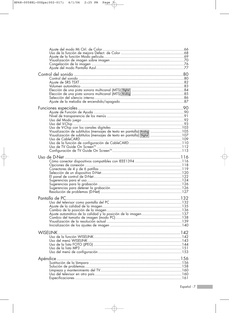 Control del sonido, Funciones especiales, Uso de d-net | Pantalla de pc, Wiselink, Apéndice | Samsung HL-S5088W User Manual | Page 7 / 164