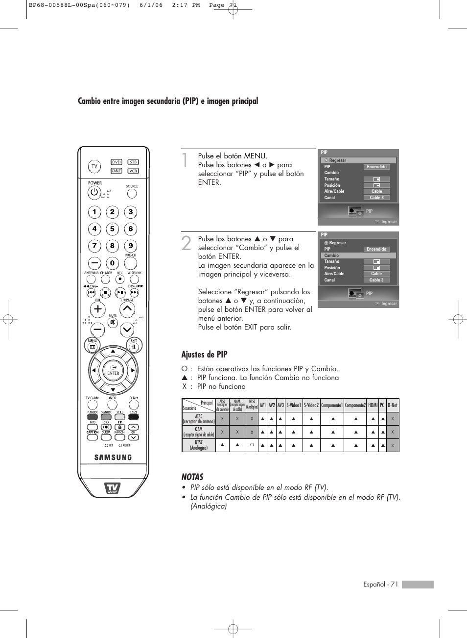 Notas, Ajustes de pip | Samsung HL-S5088W User Manual | Page 71 / 164