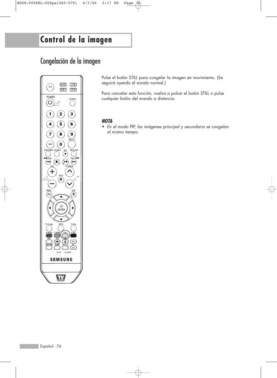 Control de la imagen, Congelación de la imagen | Samsung HL-S5088W User Manual | Page 76 / 164