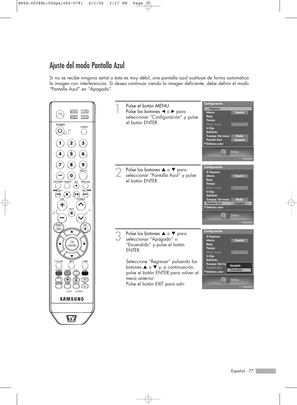 Ajuste del modo pantalla azul | Samsung HL-S5088W User Manual | Page 77 / 164