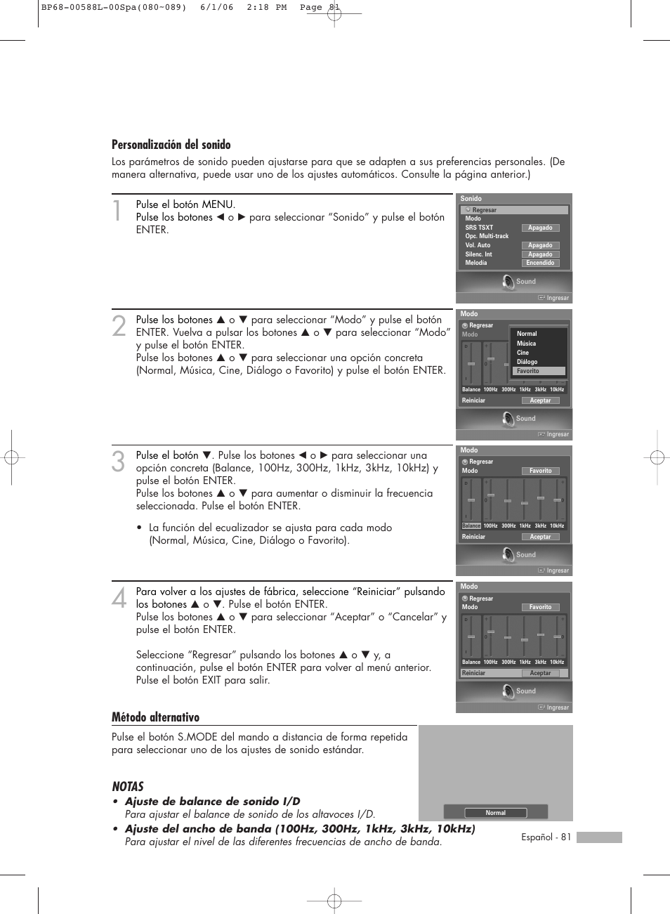 Personalización del sonido, Método alternativo, Notas | Samsung HL-S5088W User Manual | Page 81 / 164