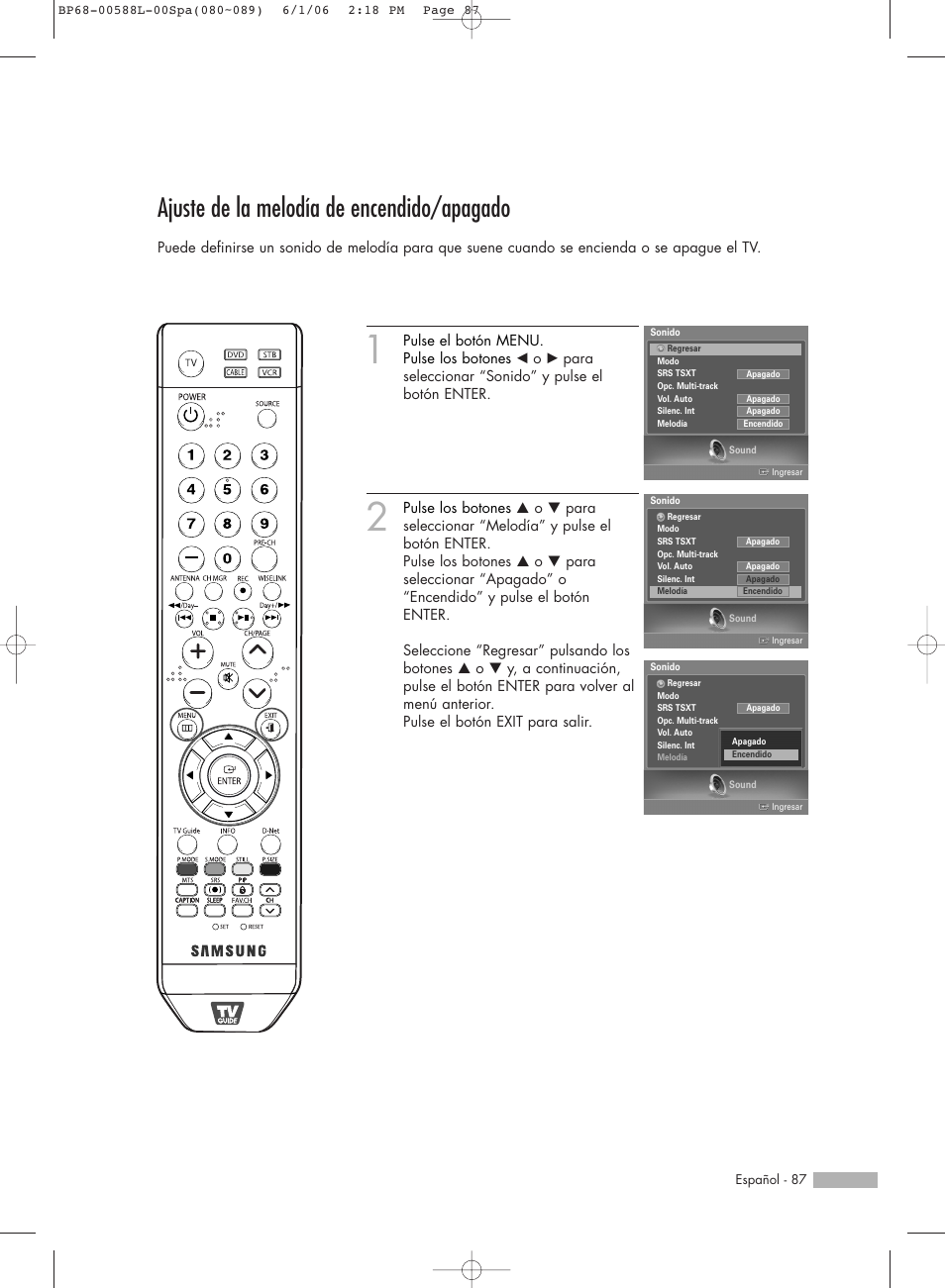 Ajuste de la melodía de encendido/apagado | Samsung HL-S5088W User Manual | Page 87 / 164