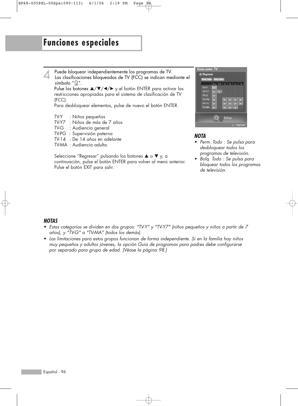 Funciones especiales, Notas, Nota | Samsung HL-S5088W User Manual | Page 96 / 164