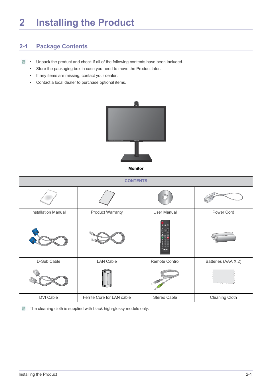 2 installing the product, 1 package contents, Installing the product | Package contents -1, 2installing the product | Samsung VC240 User Manual | Page 11 / 62