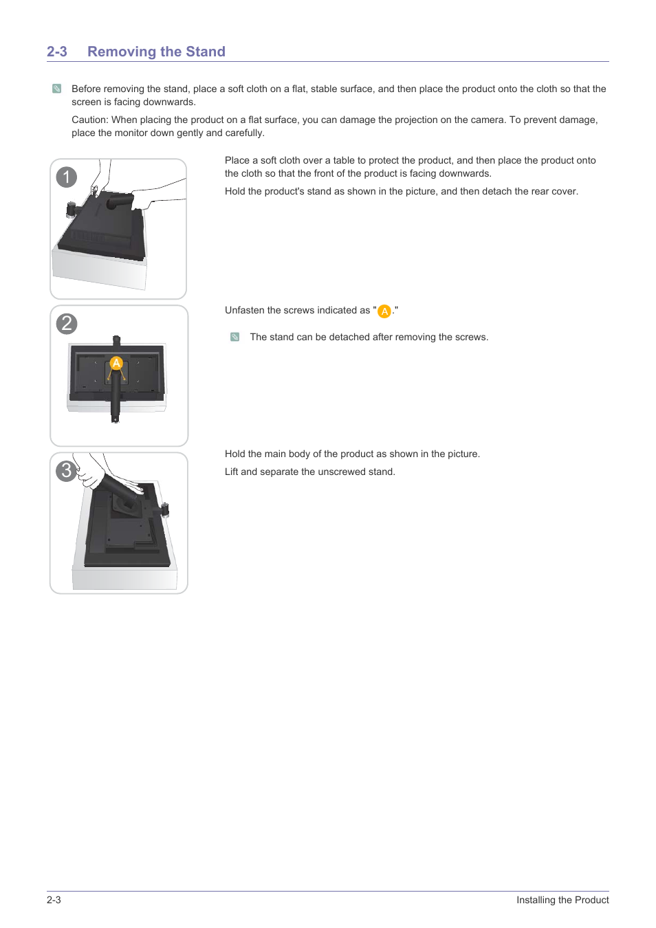 3 removing the stand, Removing the stand -3 | Samsung VC240 User Manual | Page 14 / 62