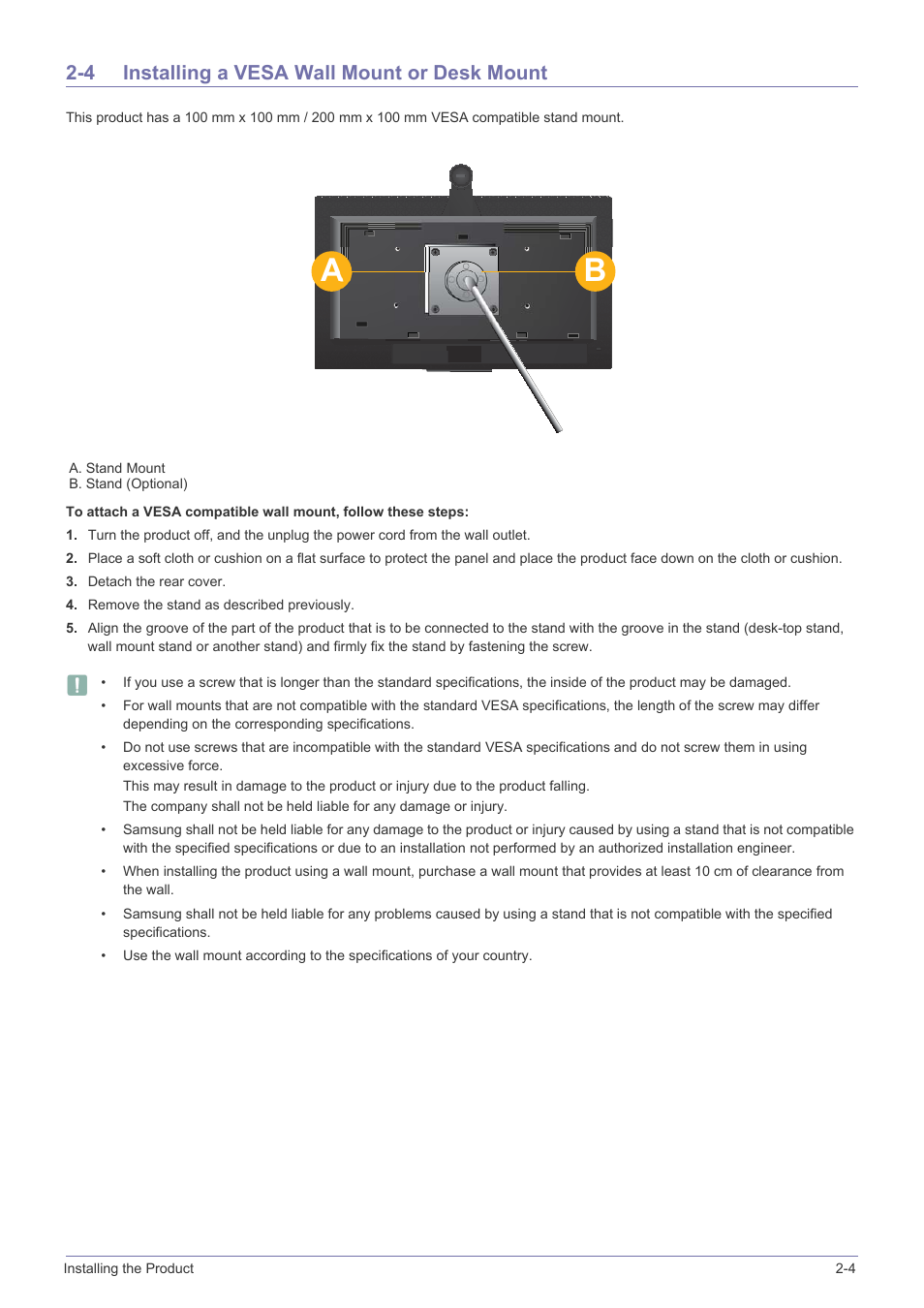 4 installing a vesa wall mount or desk mount, Installing a vesa wall mount or desk mount -4 | Samsung VC240 User Manual | Page 15 / 62