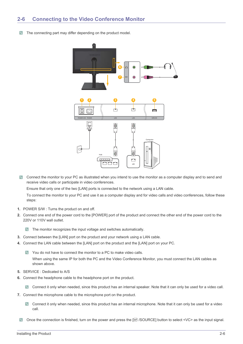 6 connecting to the video conference monitor, Connecting to the video conference monitor -6, Installing the product 2-6 | Samsung VC240 User Manual | Page 17 / 62