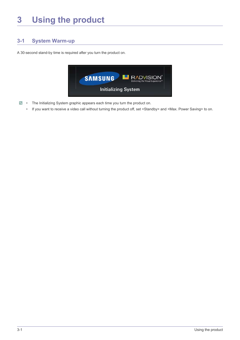 3 using the product, 1 system warm-up, Using the product | System warm-up -1, 3using the product | Samsung VC240 User Manual | Page 20 / 62