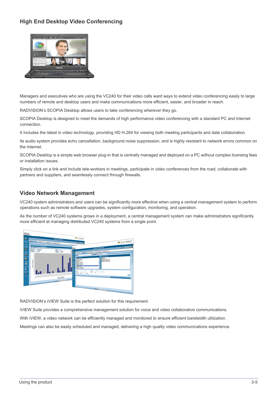 High end desktop video conferencing, Video network management | Samsung VC240 User Manual | Page 27 / 62