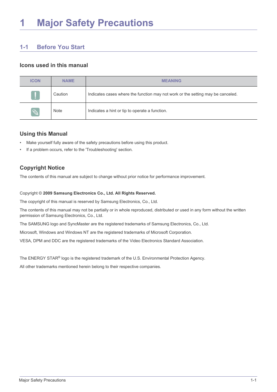 1 major safety precautions, 1 before you start, Major safety precautions | Before you start -1, 1major safety precautions | Samsung VC240 User Manual | Page 3 / 62