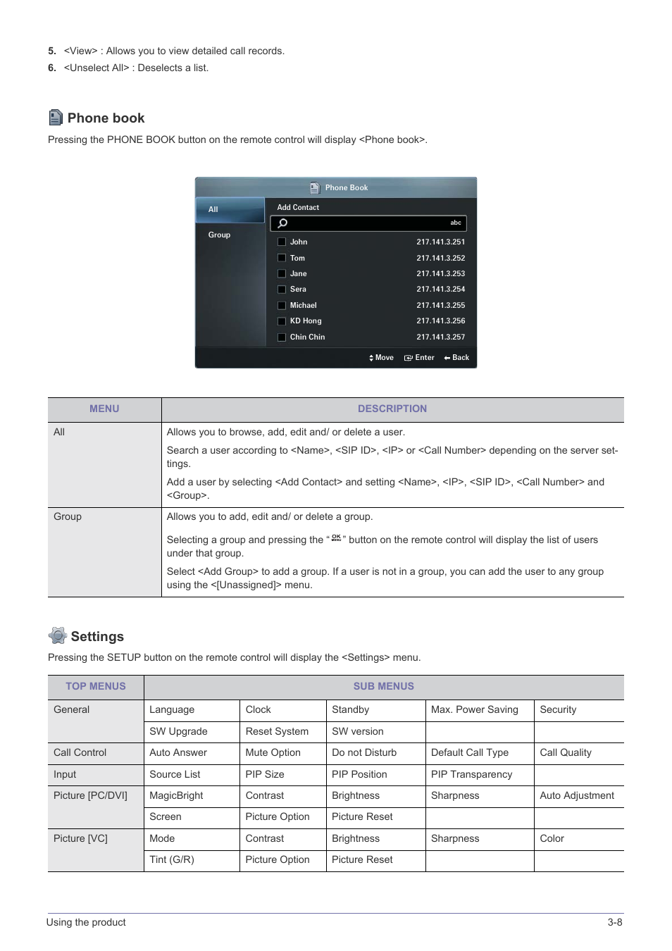 Phone book, Settings | Samsung VC240 User Manual | Page 35 / 62