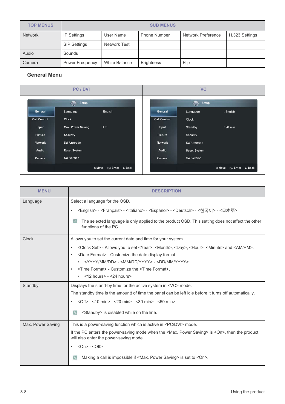 General menu | Samsung VC240 User Manual | Page 36 / 62
