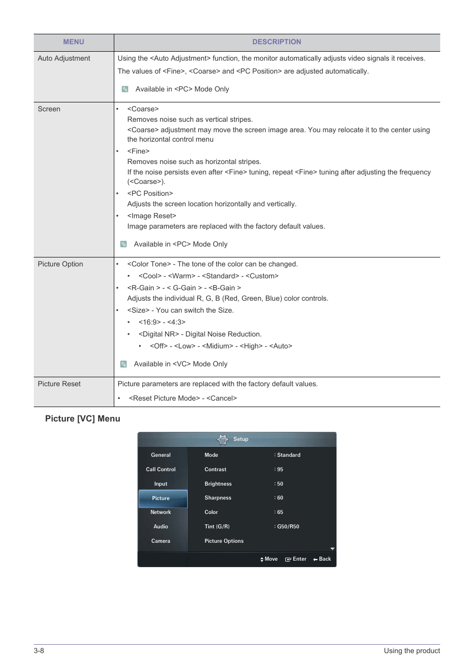 Picture [vc] menu | Samsung VC240 User Manual | Page 40 / 62