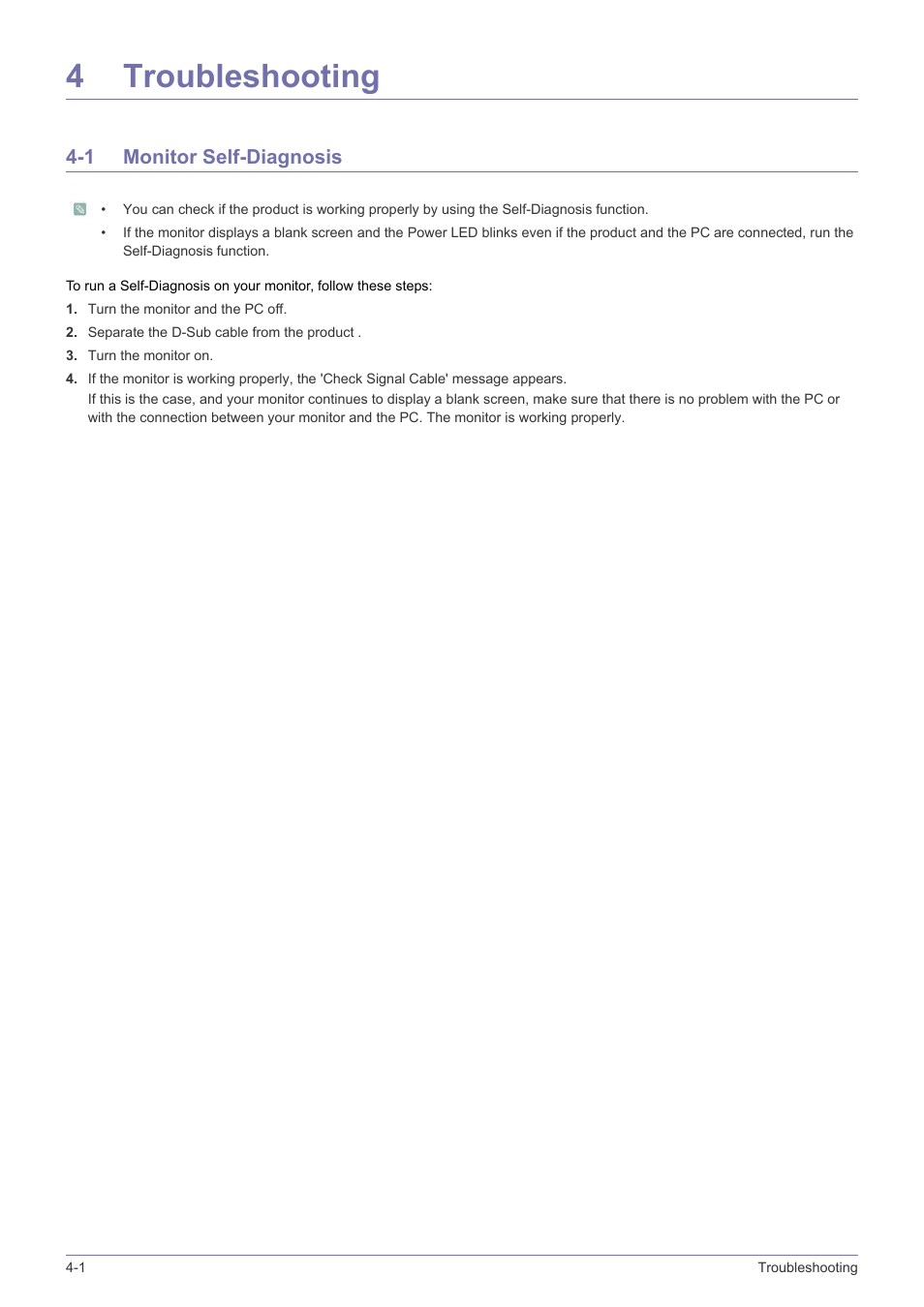 4 troubleshooting, 1 monitor self-diagnosis, Troubleshooting | Monitor self-diagnosis -1, 4troubleshooting | Samsung VC240 User Manual | Page 44 / 62