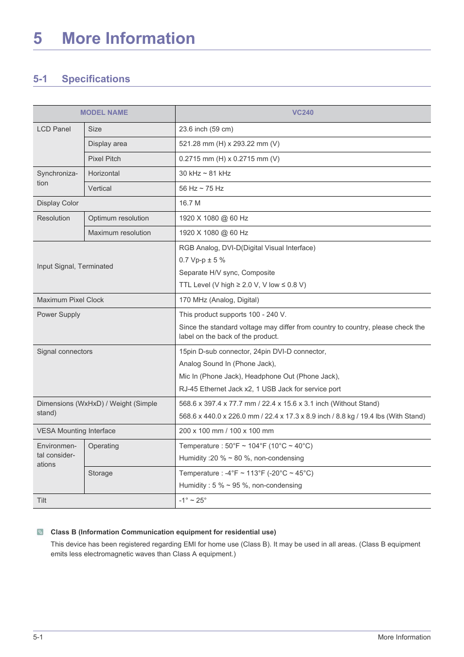 5 more information, 1 specifications, More information | Specifications -1, 5more information | Samsung VC240 User Manual | Page 48 / 62