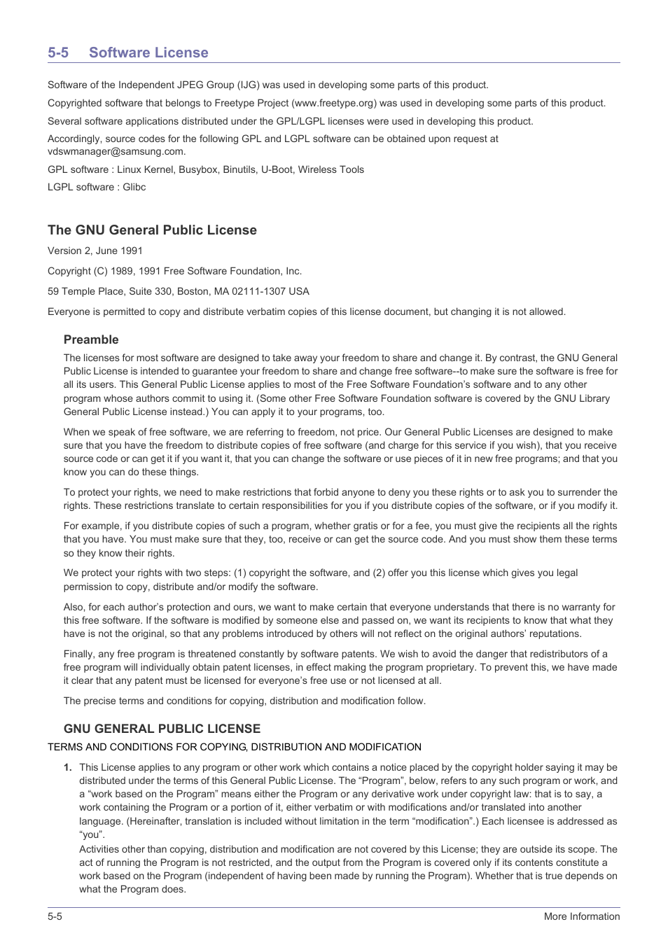 5 software license, Software license -5, The gnu general public license | Samsung VC240 User Manual | Page 54 / 62