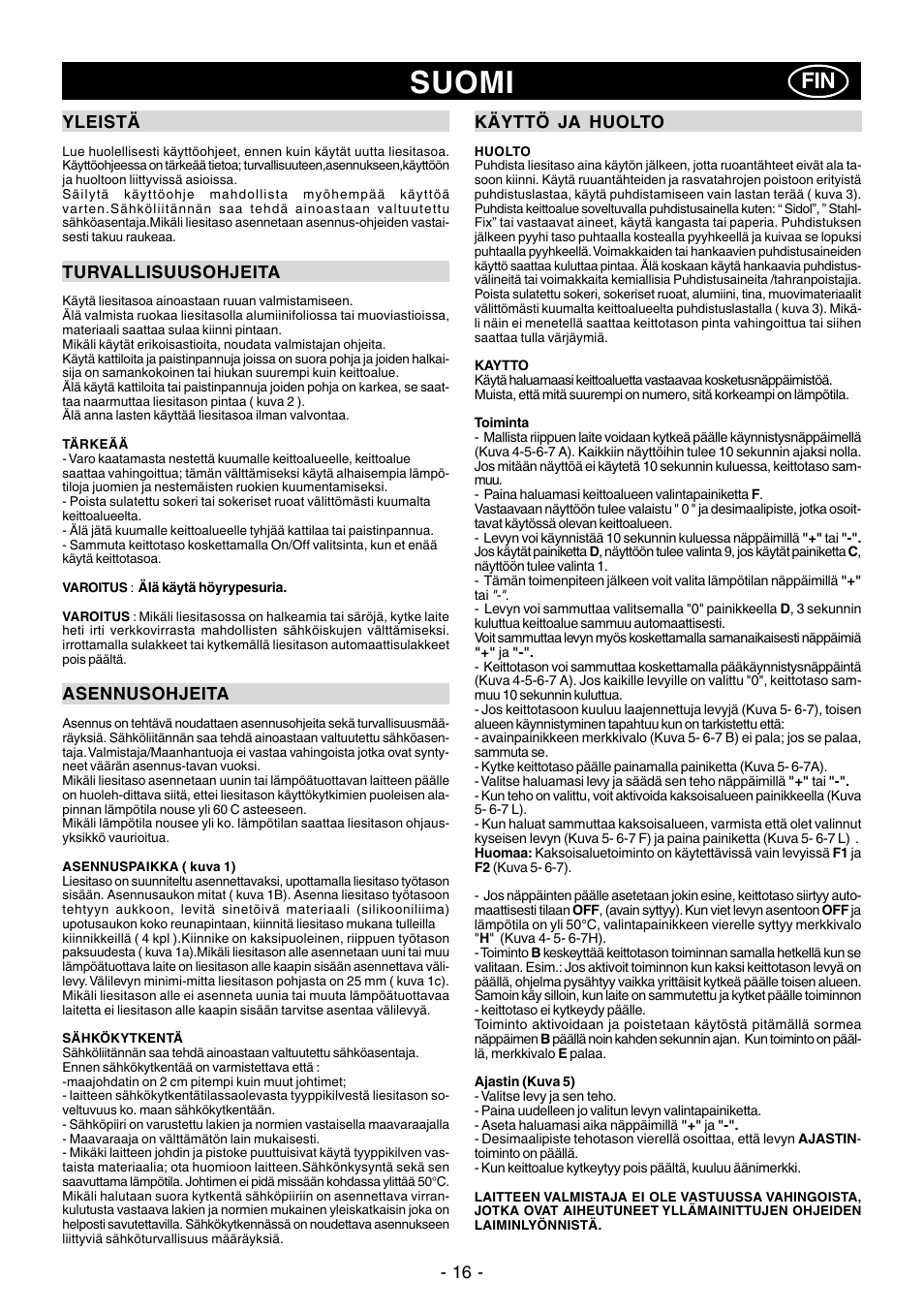 Suomi | Ardo PE58AVE2 User Manual | Page 16 / 28