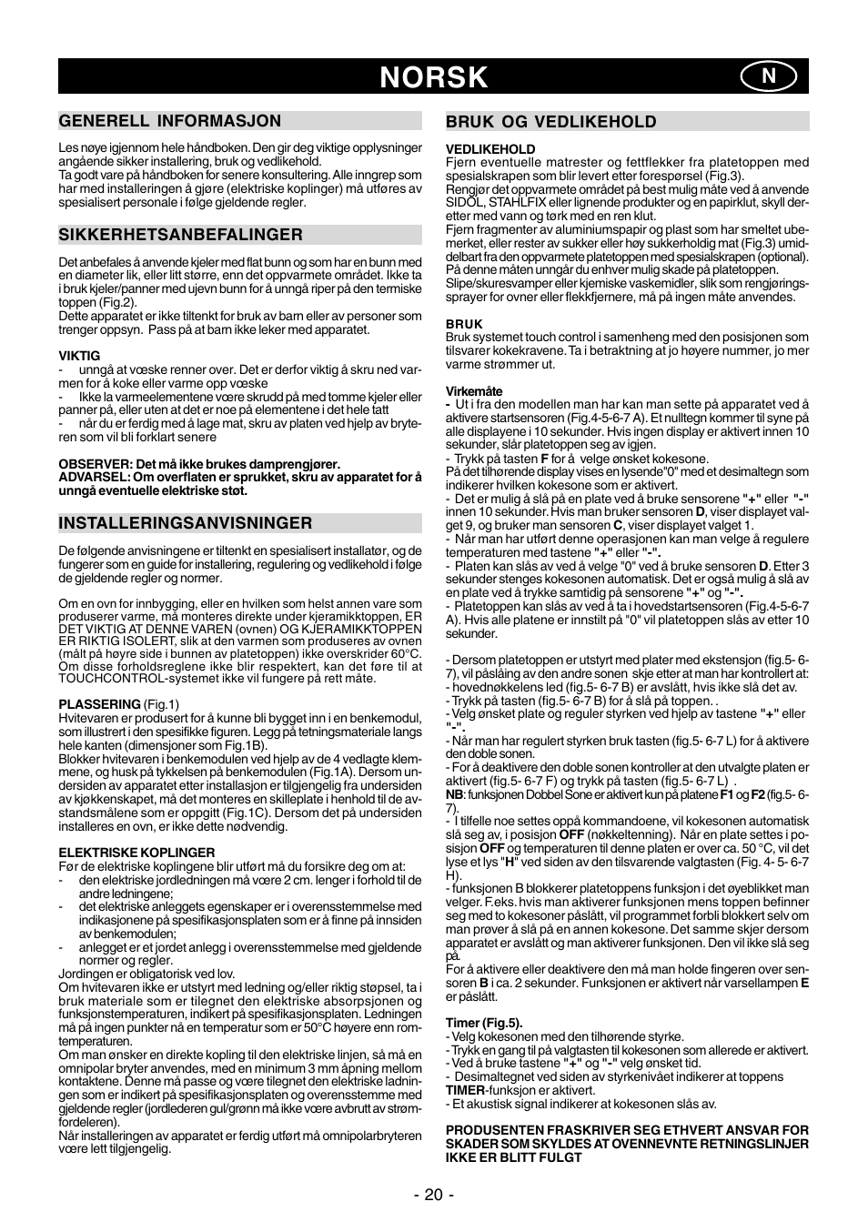 Norsk | Ardo PE58AVE2 User Manual | Page 20 / 28