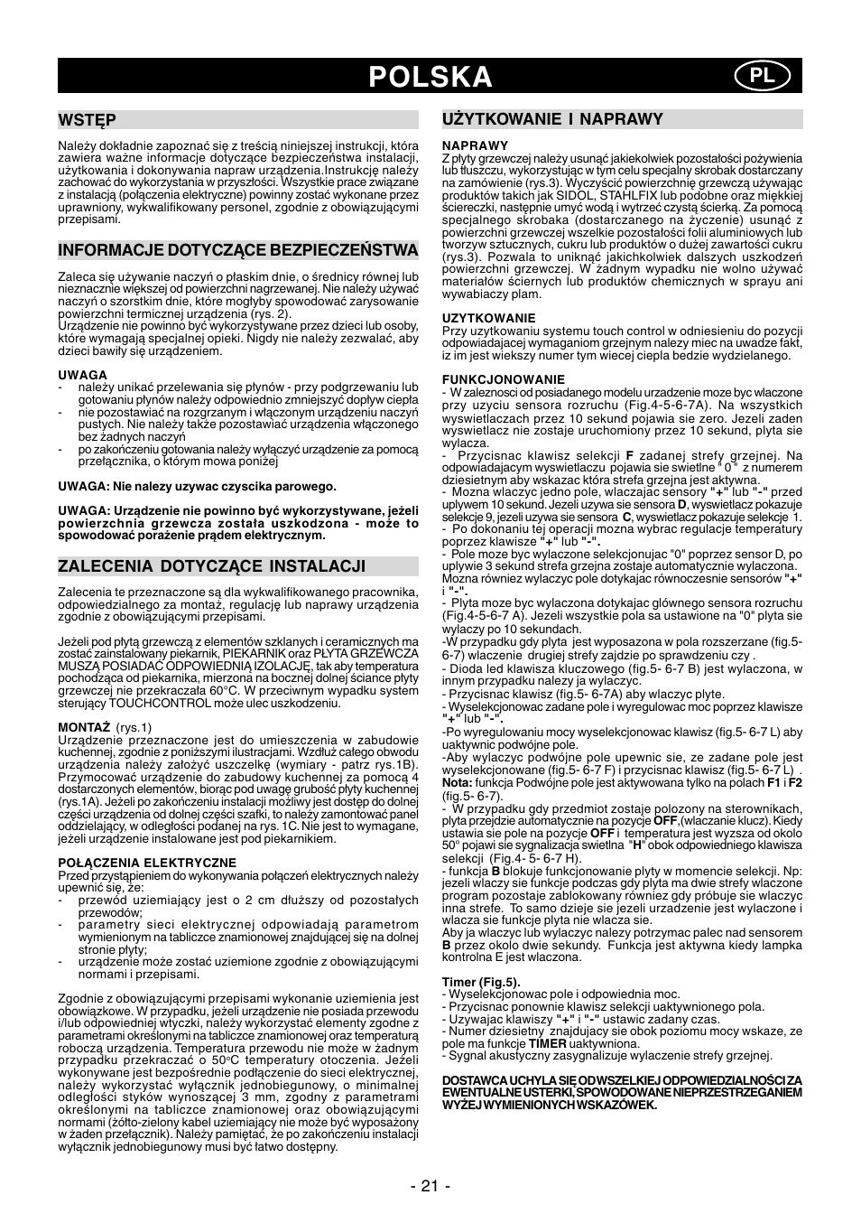 Polska, 21 - wstęp, Informacje dotyczące bezpieczeństwa | Zalecenia dotyczące instalacji, Użytkowanie i naprawy | Ardo PE58AVE2 User Manual | Page 21 / 28