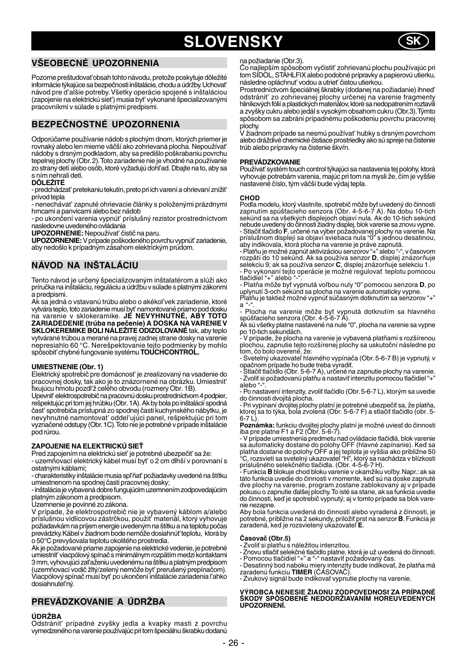 Slovensky | Ardo PE58AVE2 User Manual | Page 26 / 28