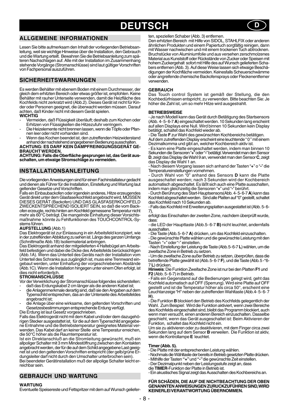 Deutsch | Ardo PE58AVE2 User Manual | Page 8 / 28