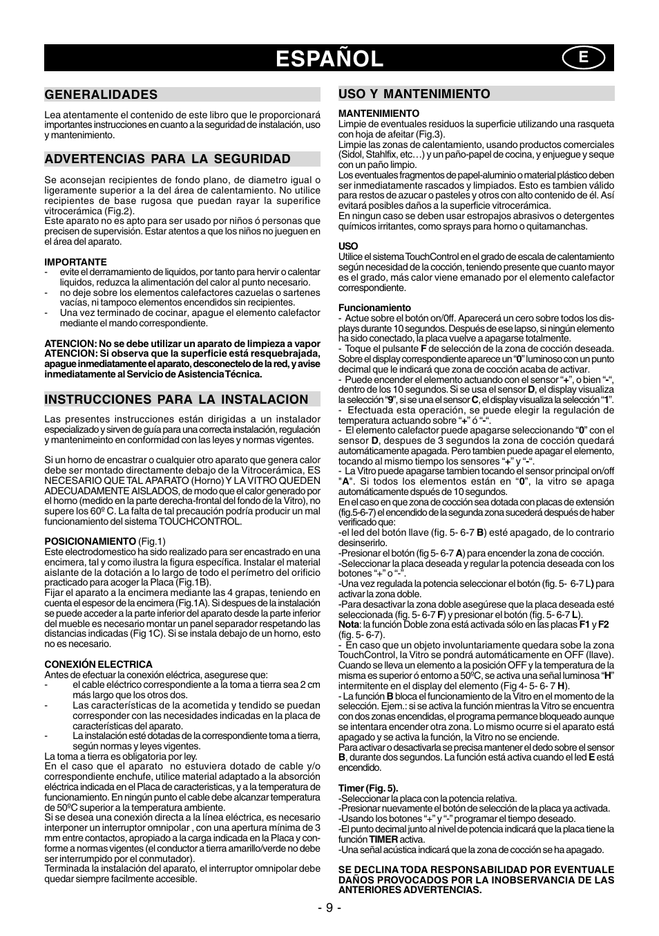 Español | Ardo PE58AVE2 User Manual | Page 9 / 28