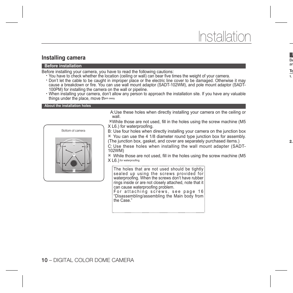 Installation, Installing camera | Samsung SCC-5399P User Manual | Page 10 / 34