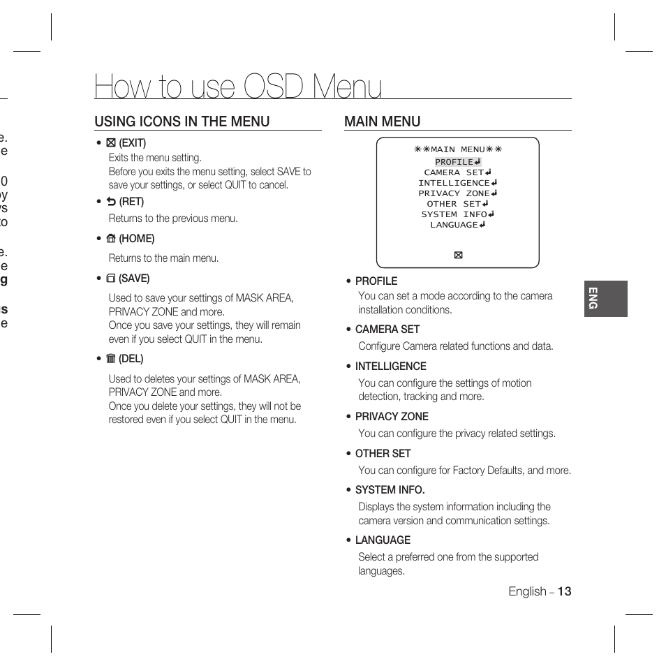 How to use osd menu, Using icons in the menu, Main menu | Samsung SCC-5399P User Manual | Page 13 / 34