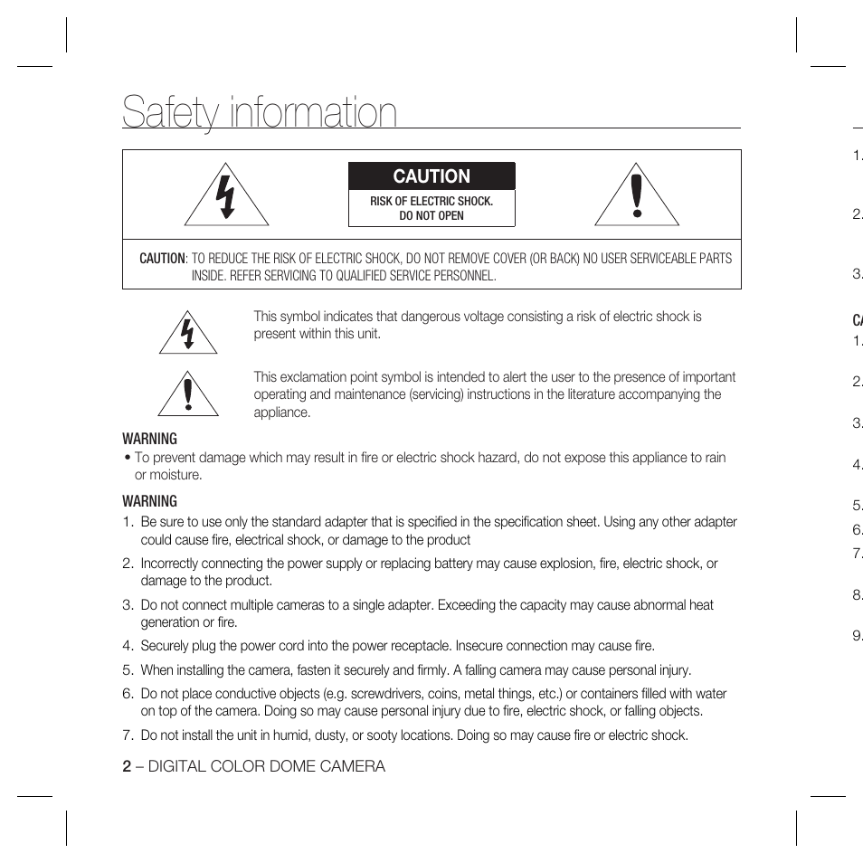 Safety information, Caution | Samsung SCC-5399P User Manual | Page 2 / 34