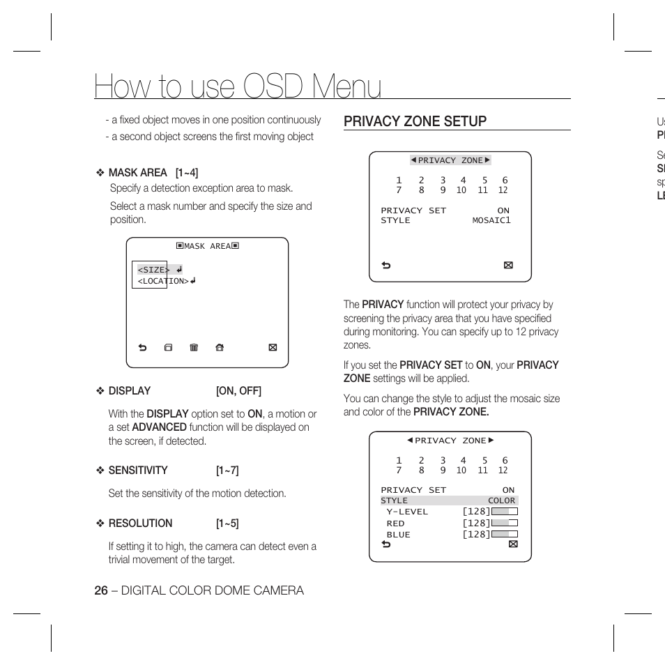 How to use osd menu, Privacy zone setup | Samsung SCC-5399P User Manual | Page 26 / 34