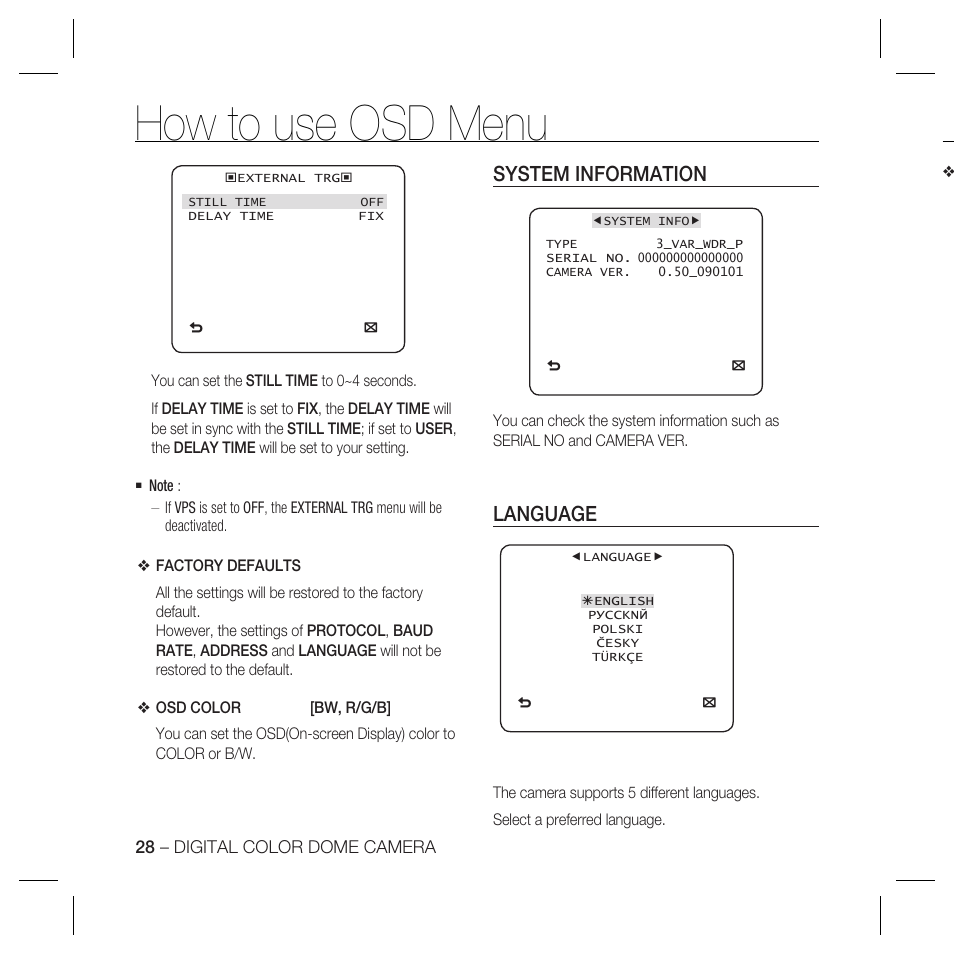 How to use osd menu, System information, Language | Samsung SCC-5399P User Manual | Page 28 / 34