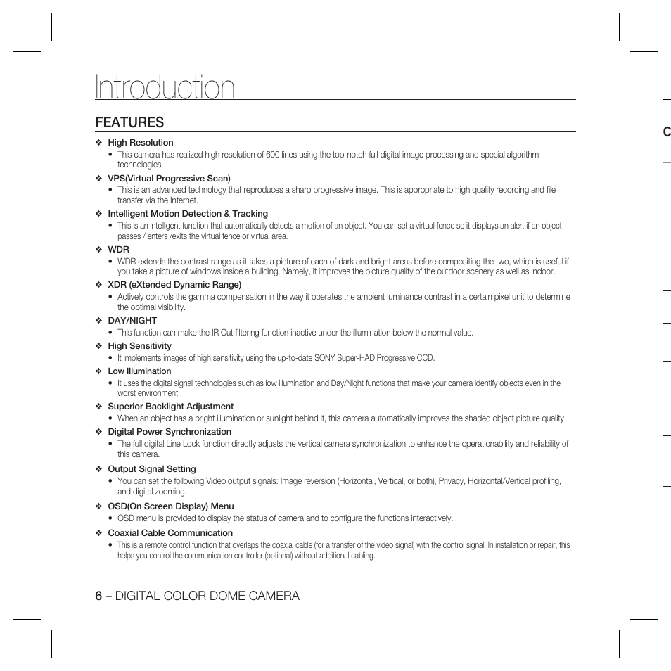 Introduction, Features, 6 – digital color dome camera | Samsung SCC-5399P User Manual | Page 6 / 34