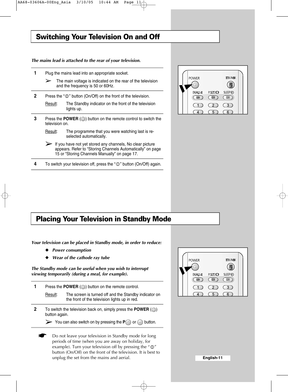 Switching your television on and off, Placing your television in standby mode | Samsung WS32A11 User Manual | Page 11 / 52