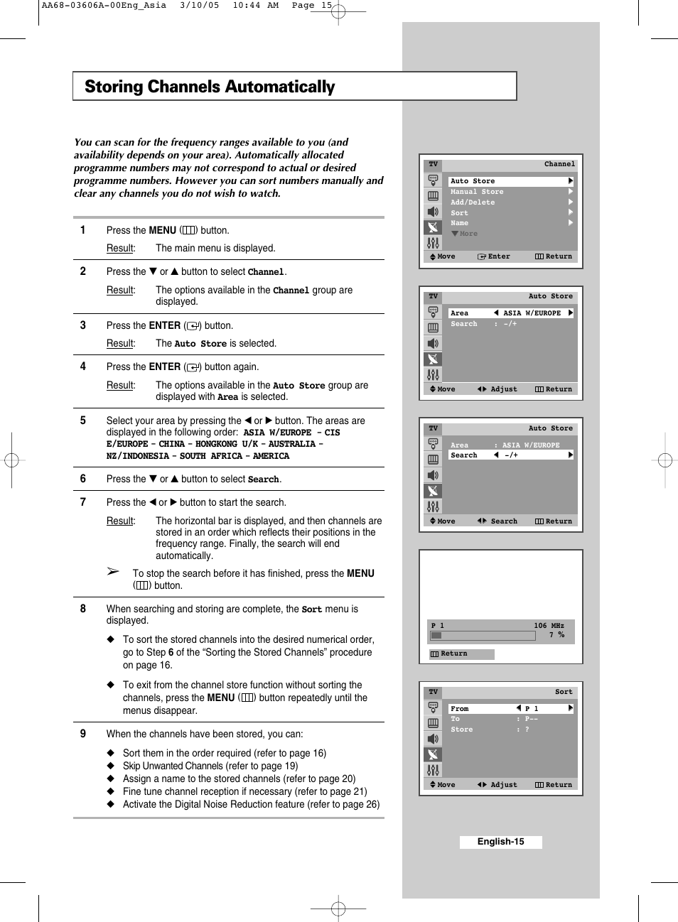Setting the channels, Storing channels automatically | Samsung WS32A11 User Manual | Page 15 / 52
