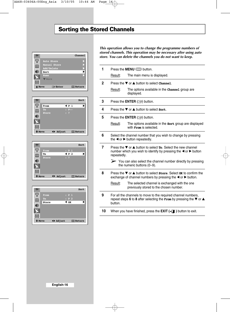 Sorting the stored channels | Samsung WS32A11 User Manual | Page 16 / 52