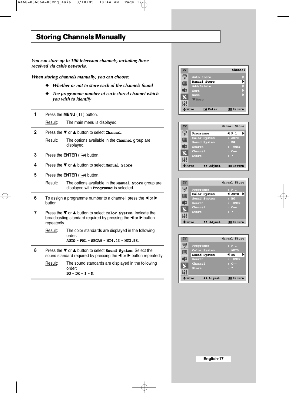 Storing channels manually | Samsung WS32A11 User Manual | Page 17 / 52