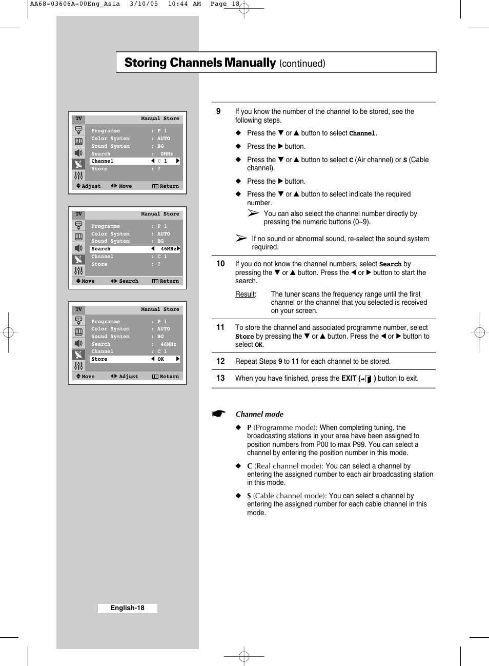 Storing channels manually, Continued) | Samsung WS32A11 User Manual | Page 18 / 52