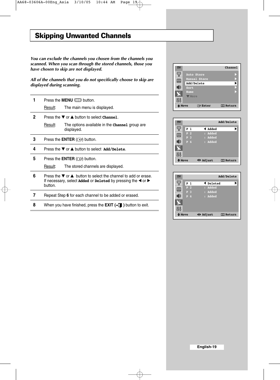 Skipping unwanted channels | Samsung WS32A11 User Manual | Page 19 / 52