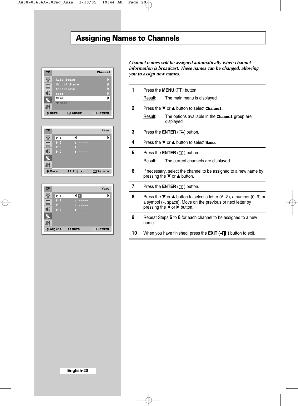Assigning names to channels | Samsung WS32A11 User Manual | Page 20 / 52