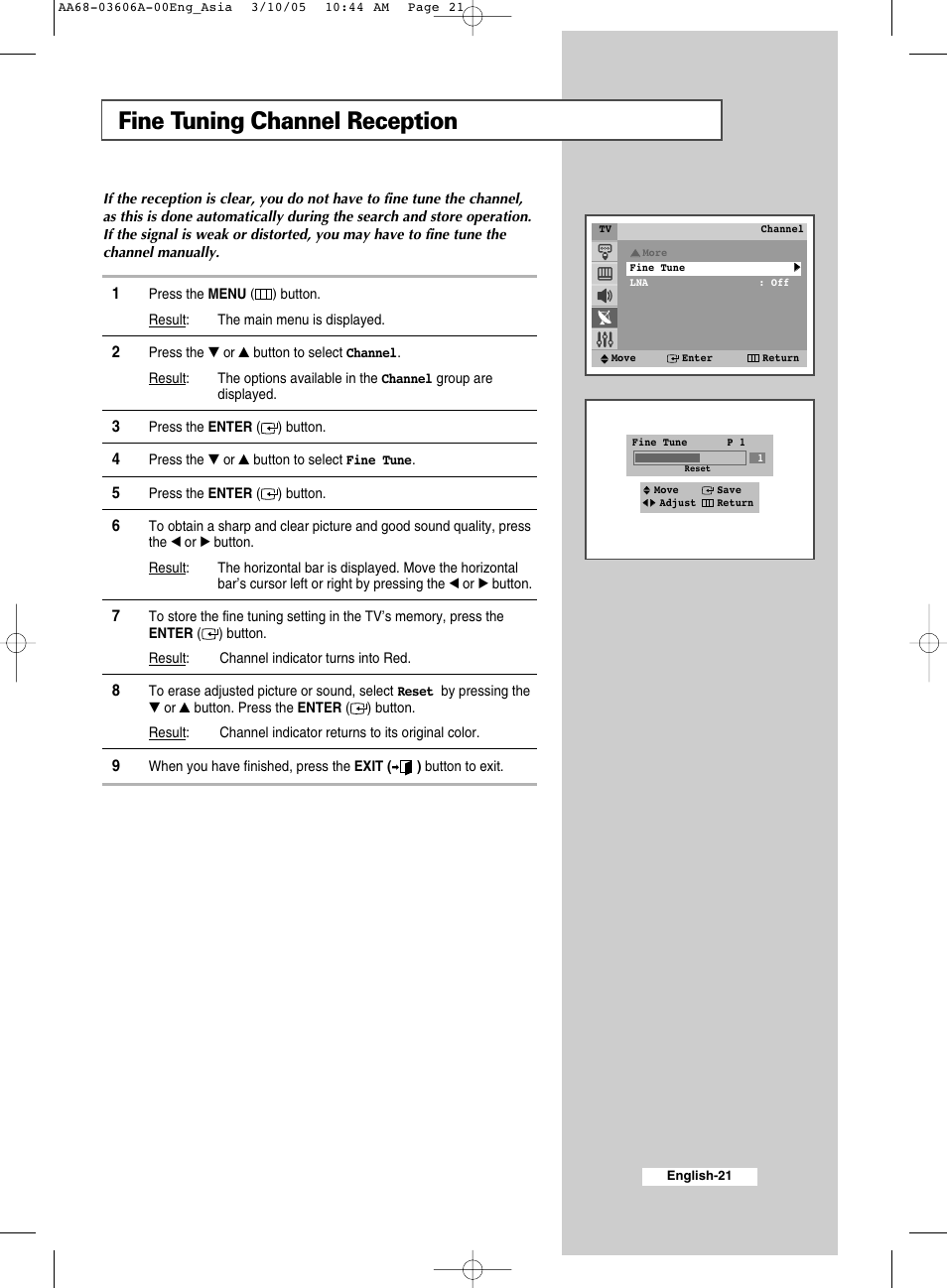 Fine tuning channel reception | Samsung WS32A11 User Manual | Page 21 / 52