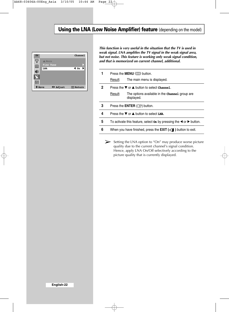Using your television, Using the lna (low noise amplifier) feature, Depending on the model) | Samsung WS32A11 User Manual | Page 22 / 52