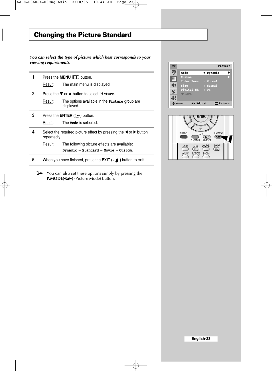 Changing the picture standard | Samsung WS32A11 User Manual | Page 23 / 52
