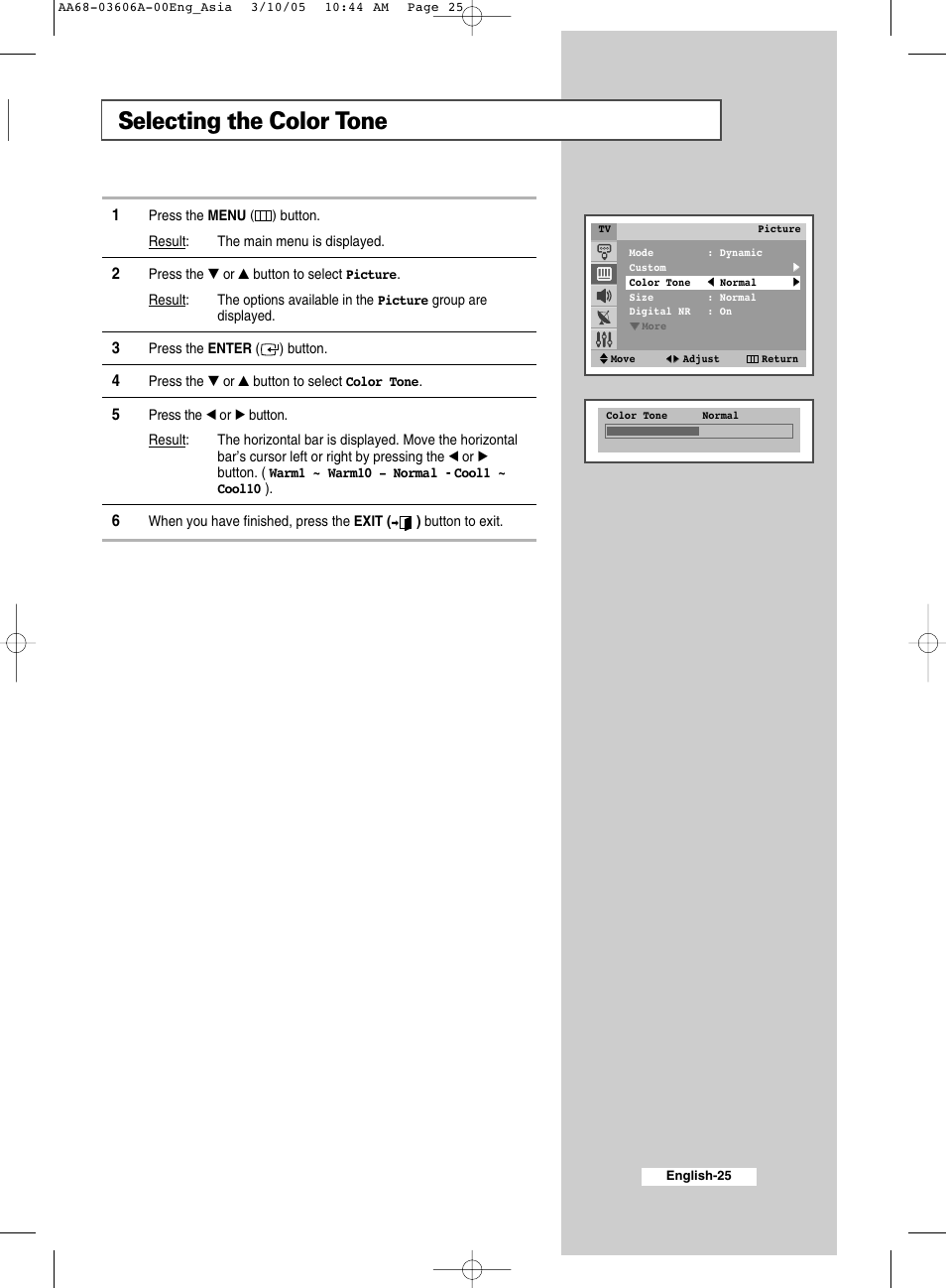 Selecting the color tone | Samsung WS32A11 User Manual | Page 25 / 52