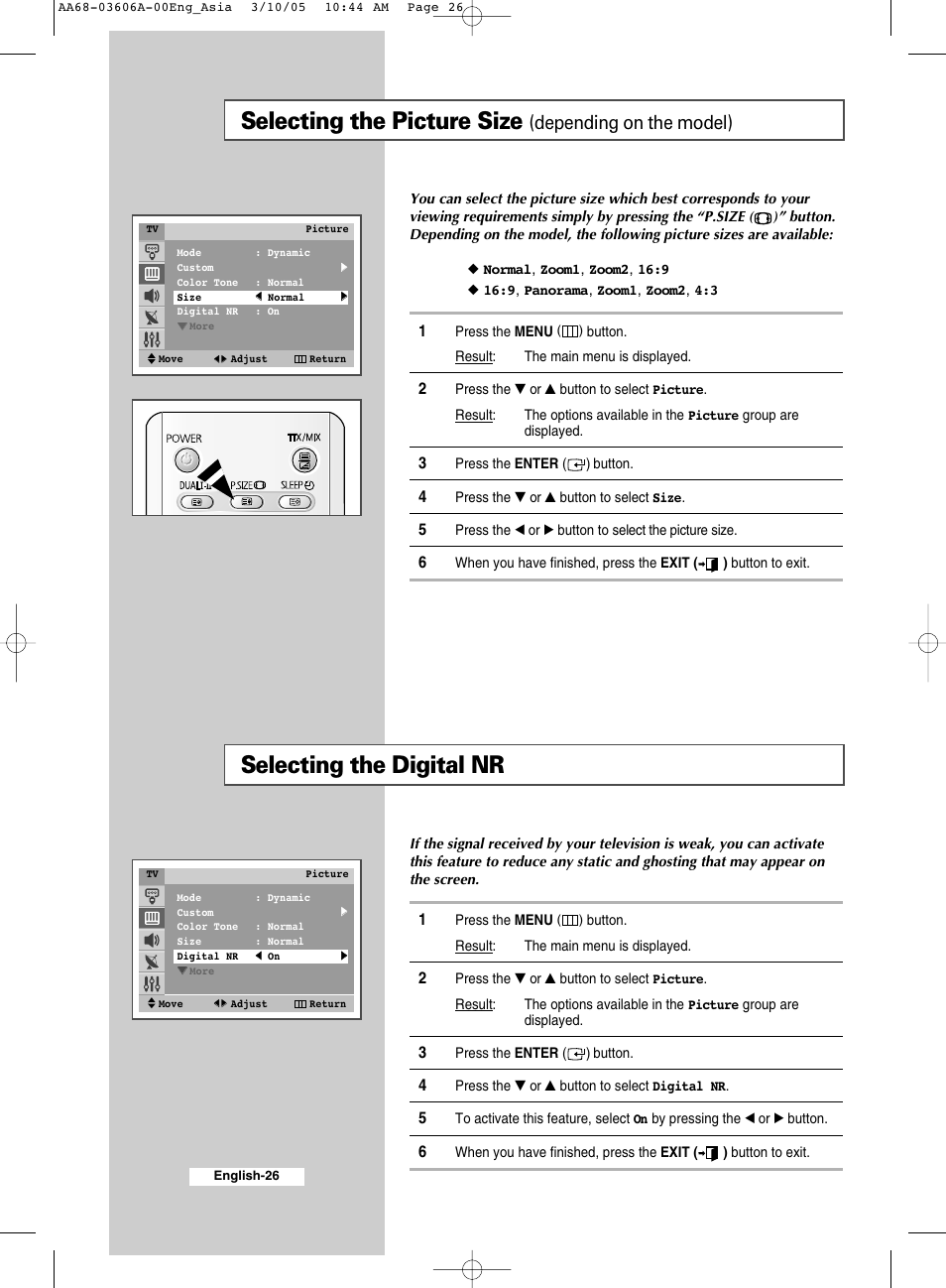Selecting the digital nr, Selecting the picture size, Depending on the model) | Samsung WS32A11 User Manual | Page 26 / 52